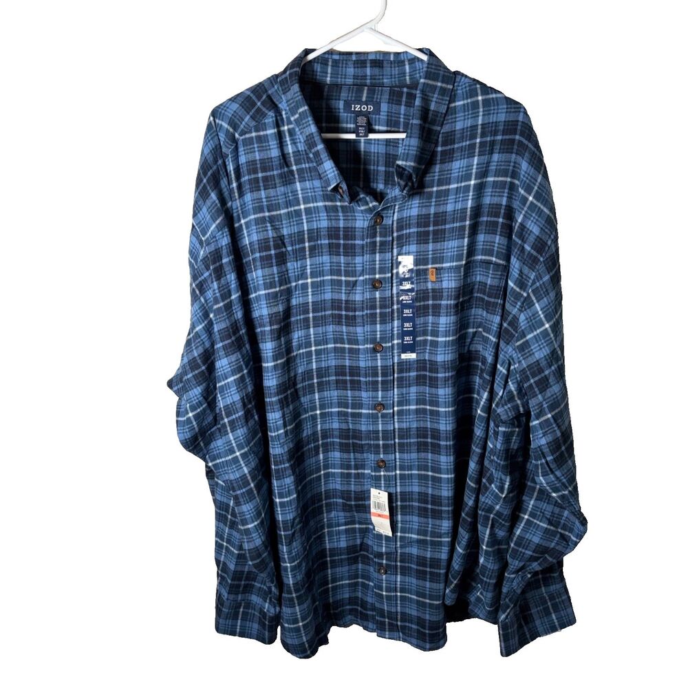 IZod Shirt Men's 3XL Tall 3XLT Blue Plaid Button Up Flannel Collared Casual